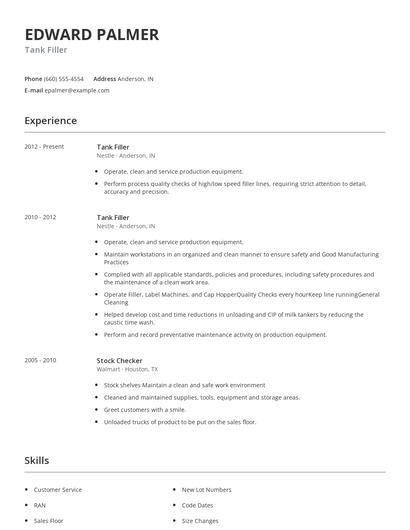 Tank Filler Resume