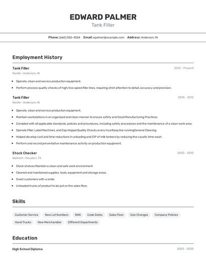 Tank Filler Resume