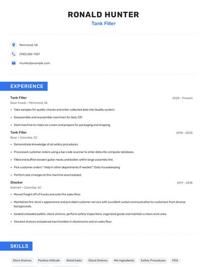 Tank Filler Resume
