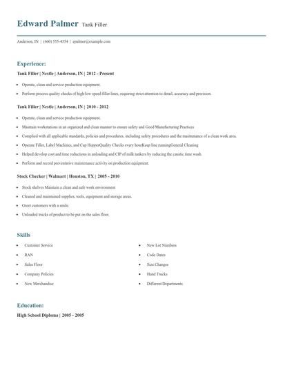 Tank Filler Resume