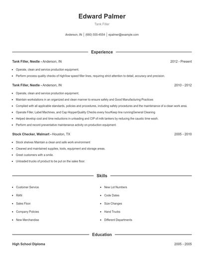 Tank Filler Resume