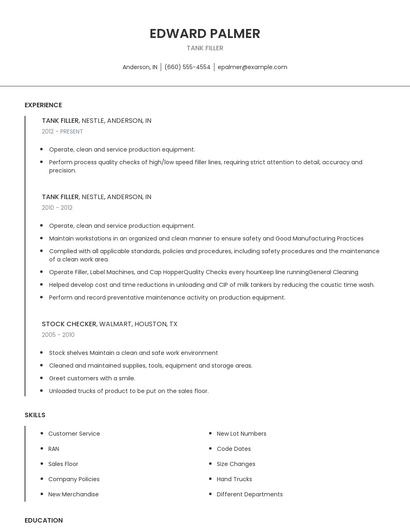 Tank Filler Resume