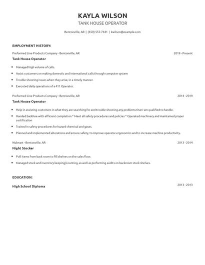 Tank House Operator Resume