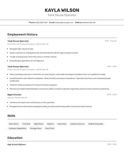 Tank House Operator Resume