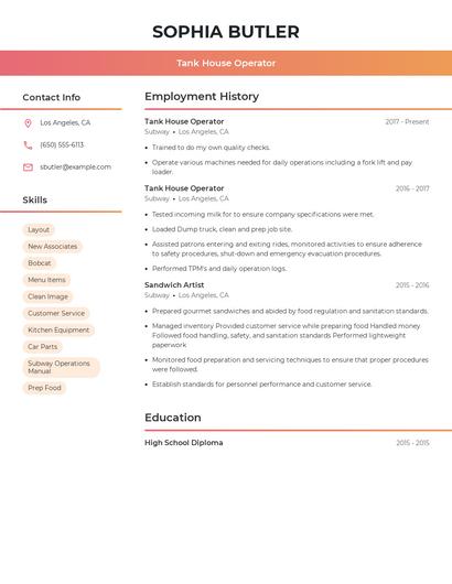 Tank House Operator Resume