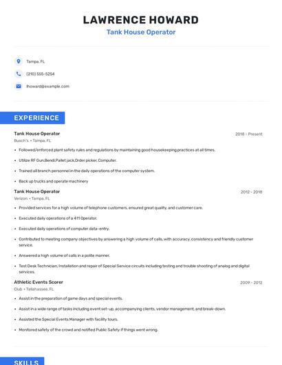 Tank House Operator Resume