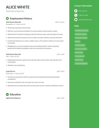 Tank House Operator Resume