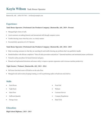 Tank House Operator Resume