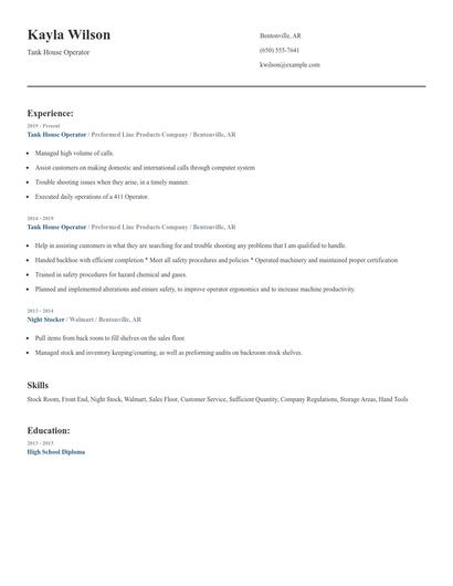 Tank House Operator Resume
