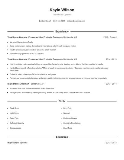 Tank House Operator Resume