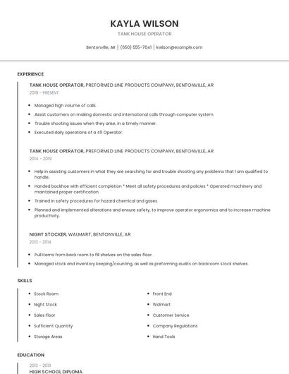 Tank House Operator Resume