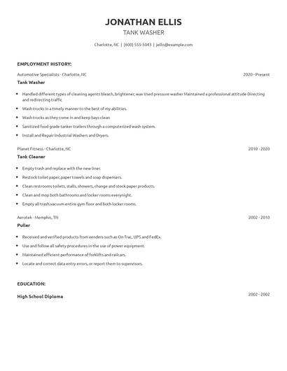 Tank Washer Resume