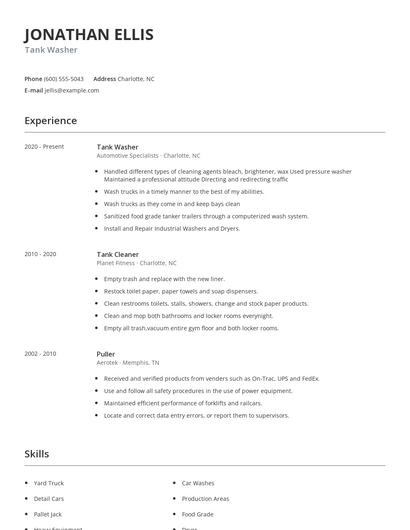 Tank Washer Resume