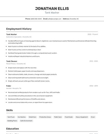Tank Washer Resume