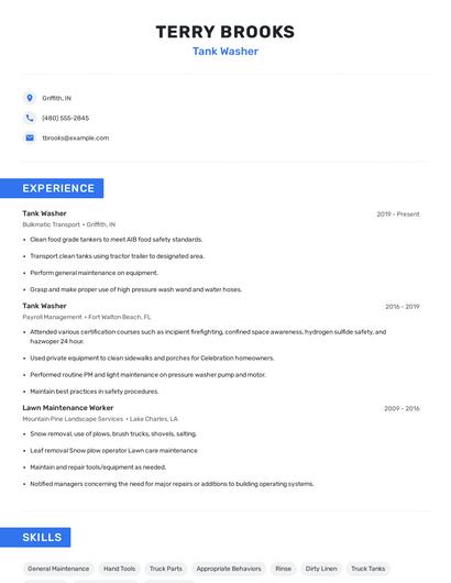 Tank Washer Resume