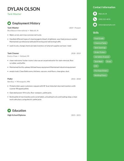 Tank Washer Resume
