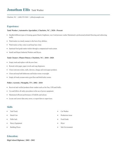 Tank Washer Resume