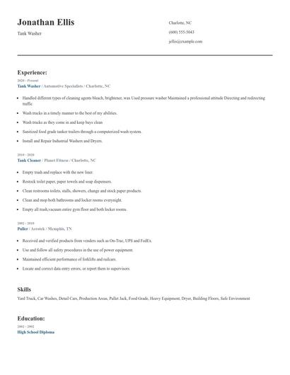 Tank Washer Resume