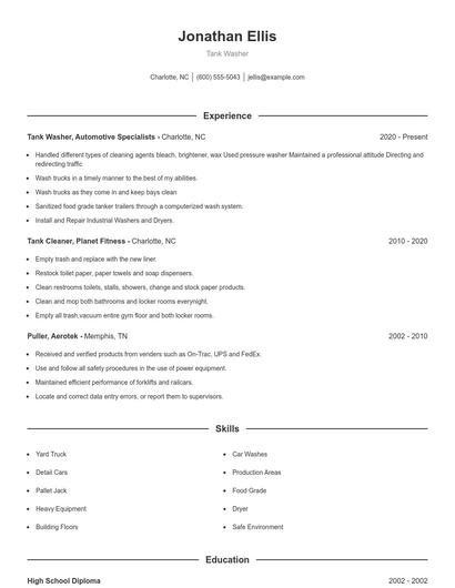 Tank Washer Resume