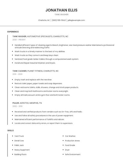 Tank Washer Resume