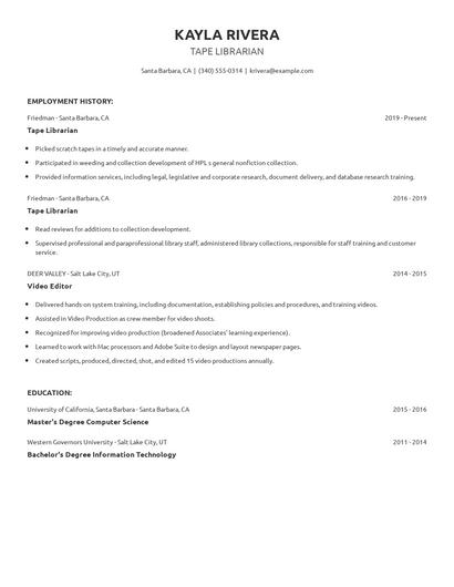 Tape Librarian Resume