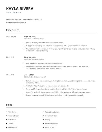 Tape Librarian Resume