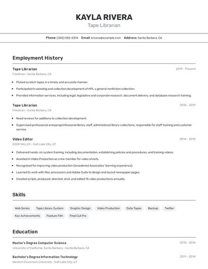 Tape Librarian Resume