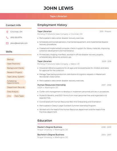 Tape Librarian Resume