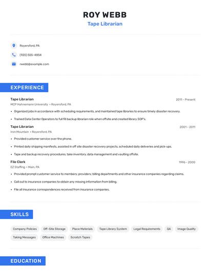 Tape Librarian Resume
