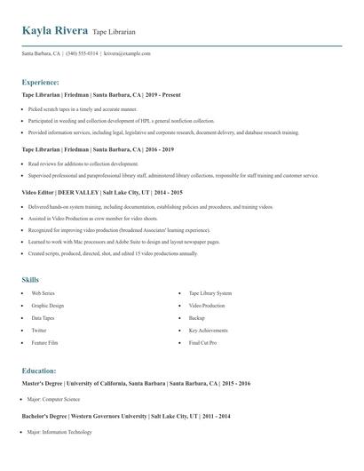 Tape Librarian Resume