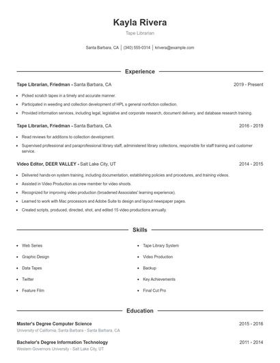 Tape Librarian Resume