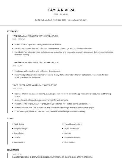 Tape Librarian Resume