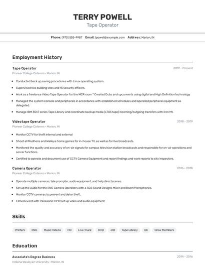 Tape Operator Resume