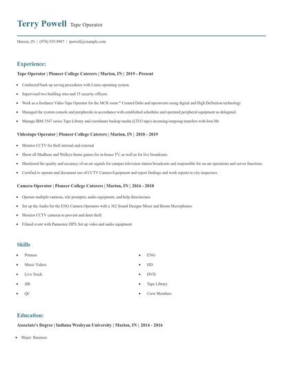 Tape Operator Resume