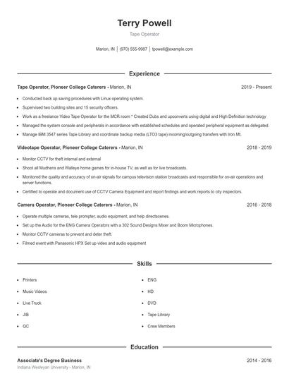 Tape Operator Resume