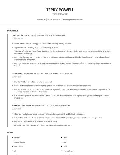 Tape Operator Resume