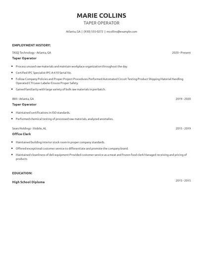 Taper Operator Resume