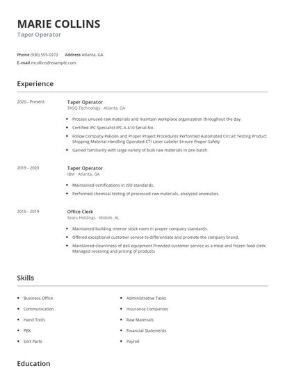 Taper Operator Resume