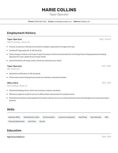 Taper Operator Resume