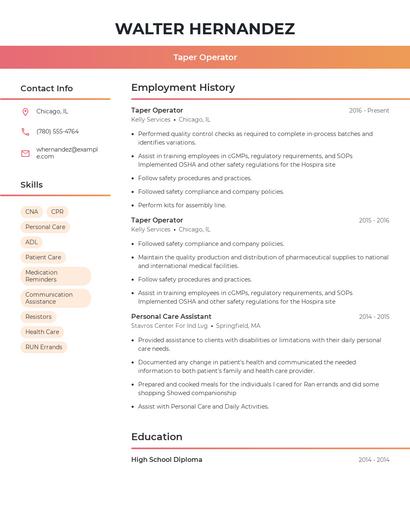 Taper Operator Resume