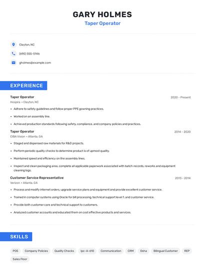 Taper Operator Resume