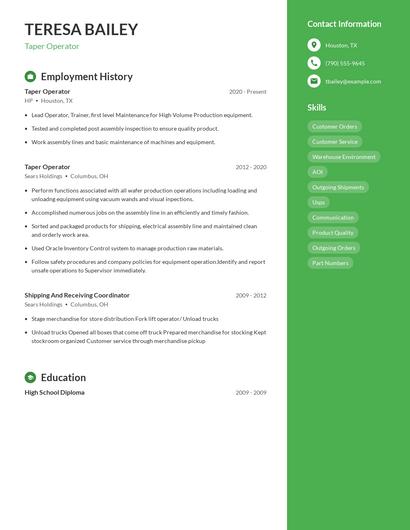 Taper Operator Resume