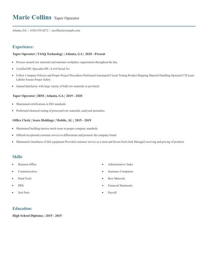 Taper Operator Resume