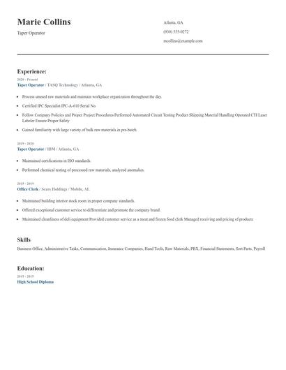 Taper Operator Resume