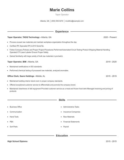 Taper Operator Resume