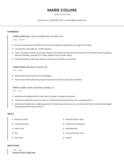 Taper Operator Resume