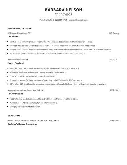 Tax Advisor Resume