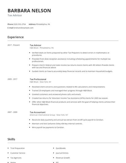 Tax Advisor Resume