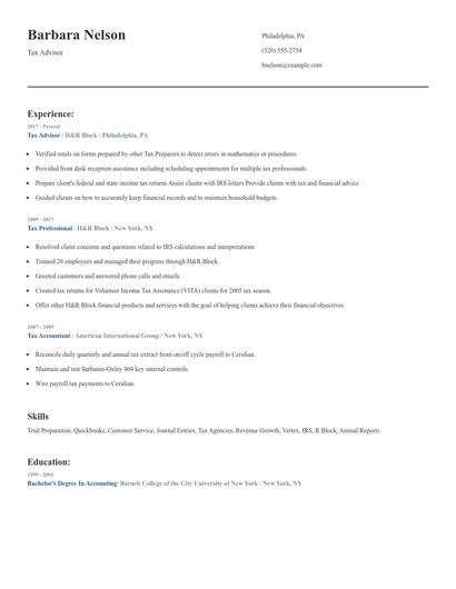 Tax Advisor Resume