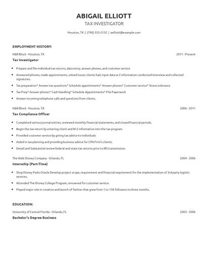 Tax Investigator Resume